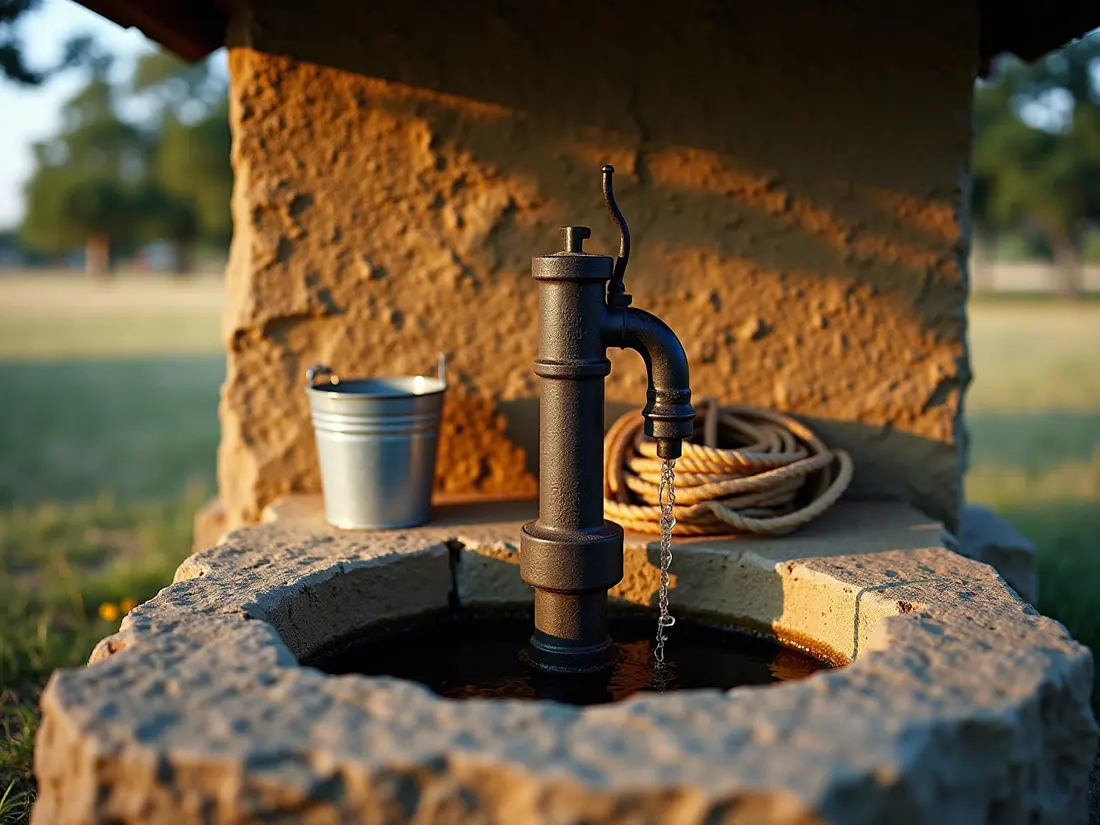 An old limestone hand dug well with a cast iron pump in oak shade
